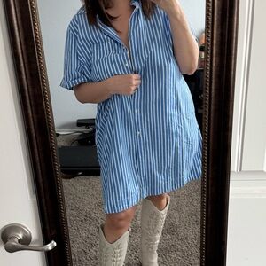 Old Navy Blue & White Vertical Stripe Mini Shirt Dress